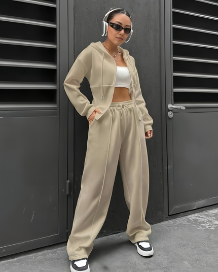 Cream hooded zip-up twin set with drawstring jogger pants, loose fit
