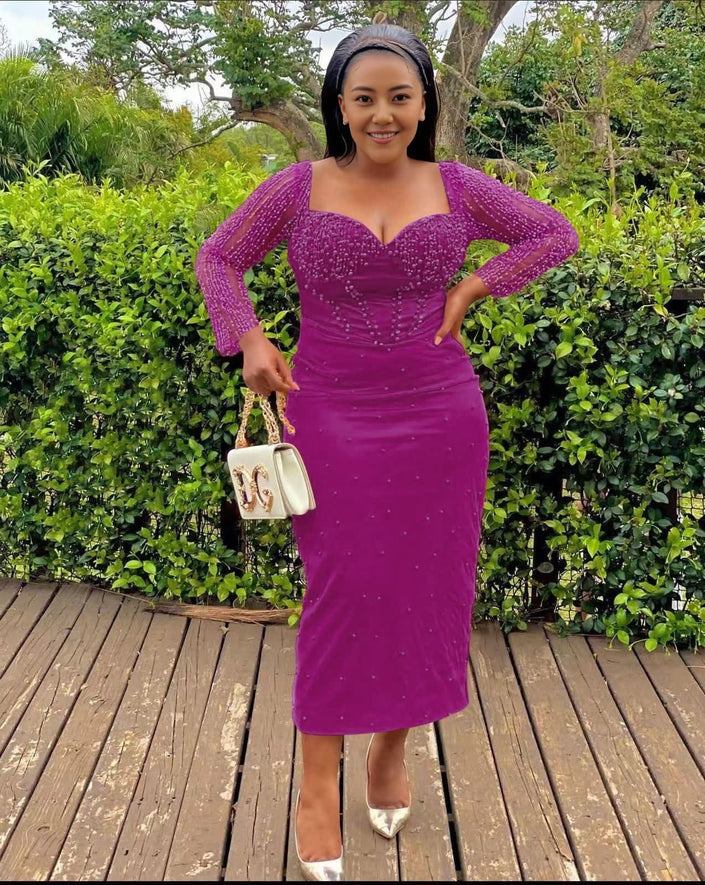 Hot-pink sequin fitted midi dress, sweetheart neckline, long sheer-sequin sleeves