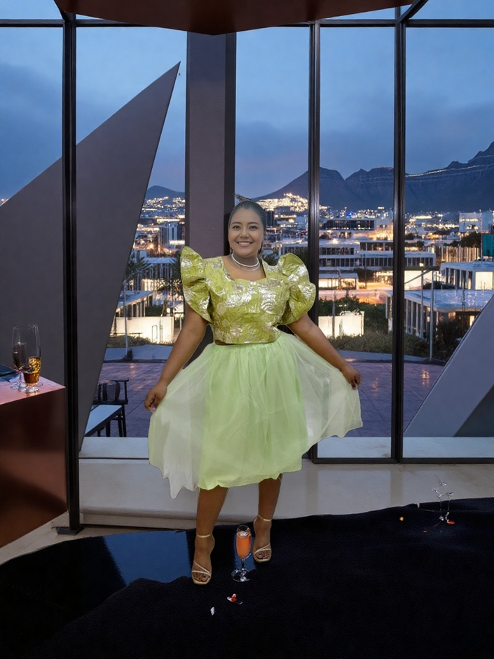 Lime green floral twin set with puff sleeves and ruffle skirt, knee-length