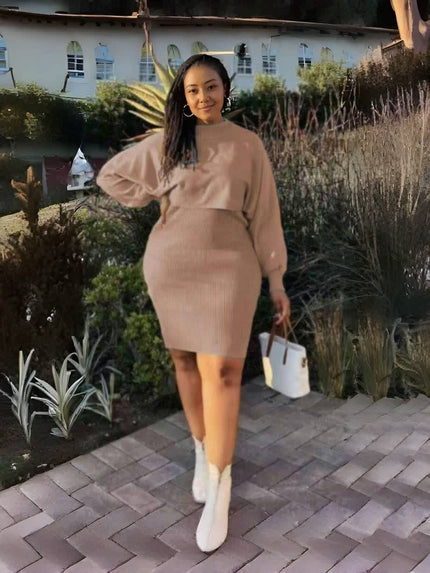 Knit midi dress with puff sleeves, beige ribbed knit top and fitted midi skirt