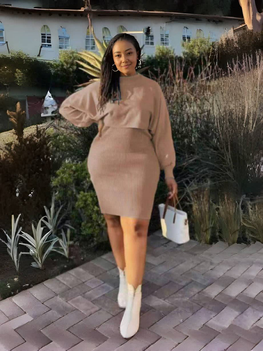 Knit midi dress with puff sleeves, beige ribbed knit top and fitted midi skirt