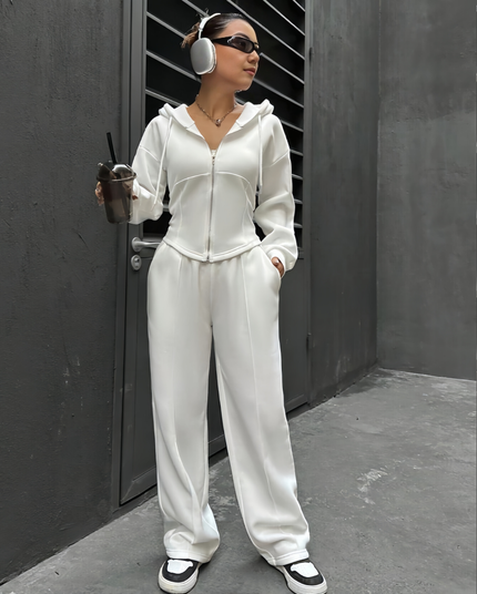 White hooded zip-up twin set with drawstring jogger pants, loose fit