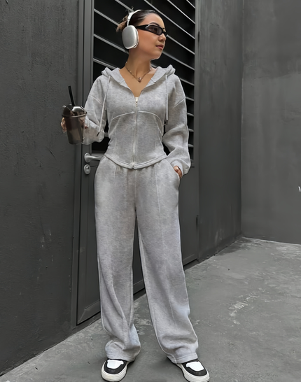 Light gray hooded zip-up twin set with drawstring jogger pants, loose fit