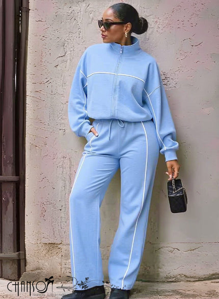 Sky blue contrast-piping zip tracksuit jacket with drawstring waist pants