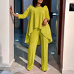 Bright lime-green asymmetrical blouse and wide-leg pants twin set