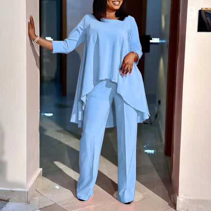 Sky-blue asymmetrical blouse and wide-leg pants twin set
