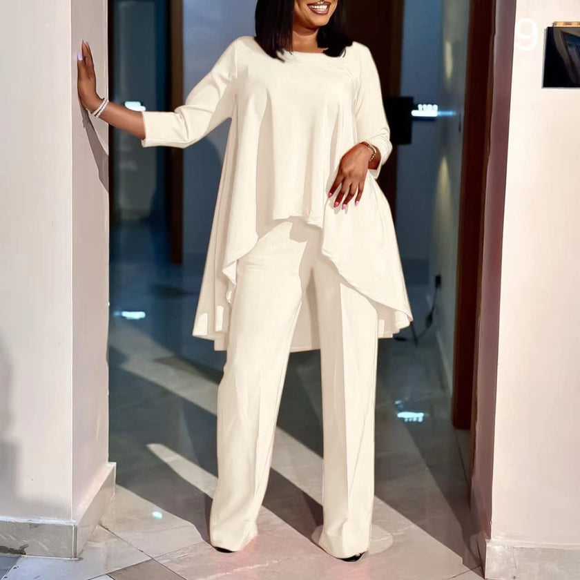 Asymmetrical Hemline Blouse with Straight-Cut Trousers Twin Set