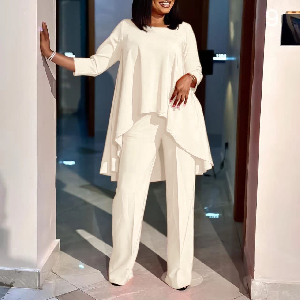 White asymmetrical blouse and wide-leg pants twin set