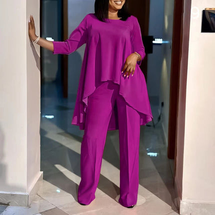 Violet asymmetrical blouse and wide-leg pants twin set