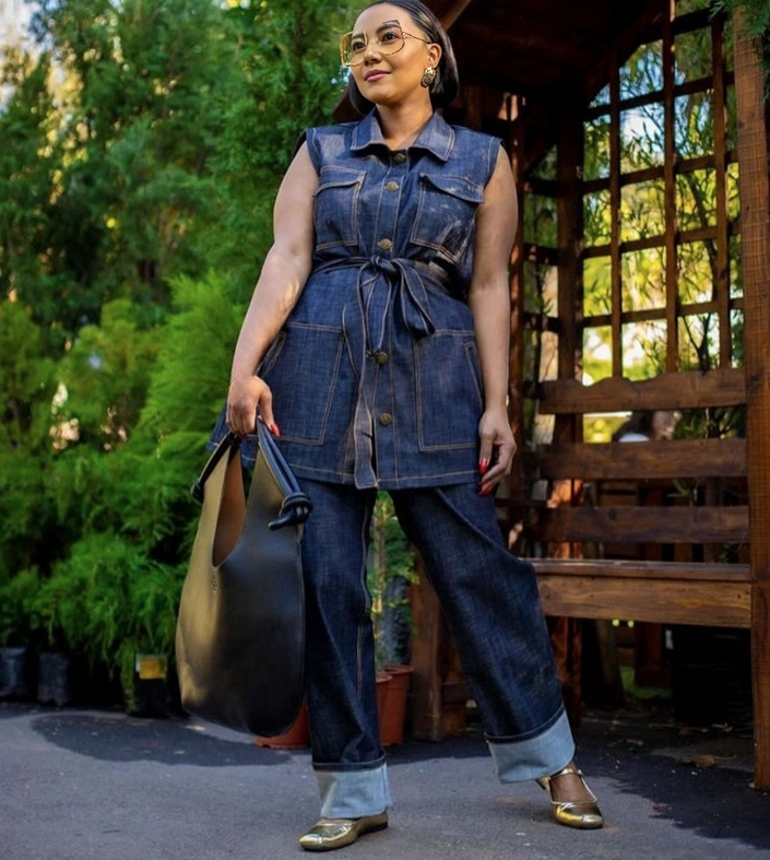 Denim belted twin set with button-front vest and wide-leg cuffed jeans