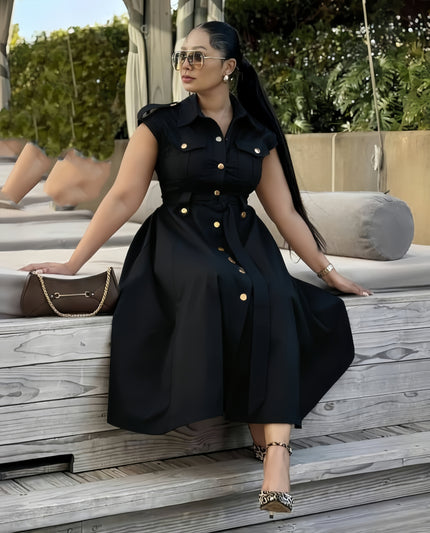 Black shirt dress midi with gold buttons, short sleeves, belted waist