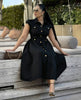 Black shirt dress midi with gold buttons, short sleeves, belted waist
