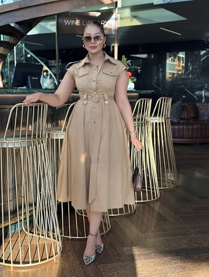 Shirt Dress Gold Button Midi – Chic Casual Style