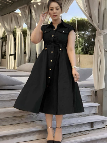 Shirt Dress Gold Button Midi – Chic Casual Style
