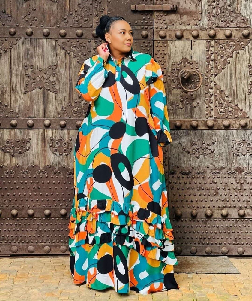 Long-Sleeve Maxi Dress with Abstract Print and Ruffle Accents