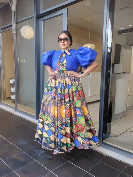 African print maxi dress with puff sleeves, multicolor tribal pattern skirt