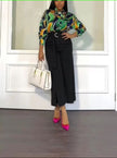 Printed blouse and straight trousers set: multicolor blouse with black straight pants