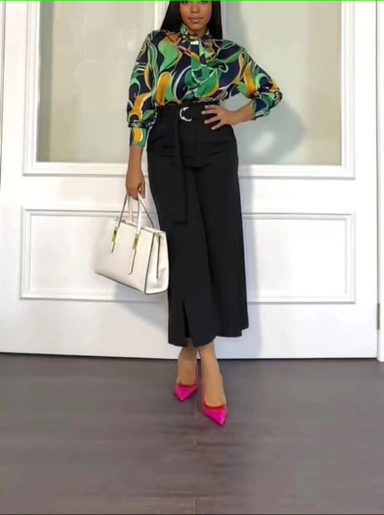 Printed blouse and straight trousers set: multicolor blouse with black straight pants