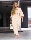 Cream V-neck puff-sleeve jumpsuit with adjustable waist tie and wide-leg pants
