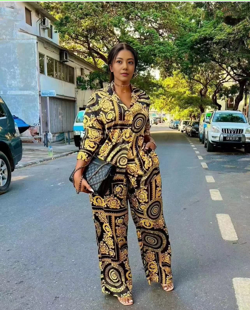 Patterned Two-Piece Long-Sleeve Top and Trousers Ensemble