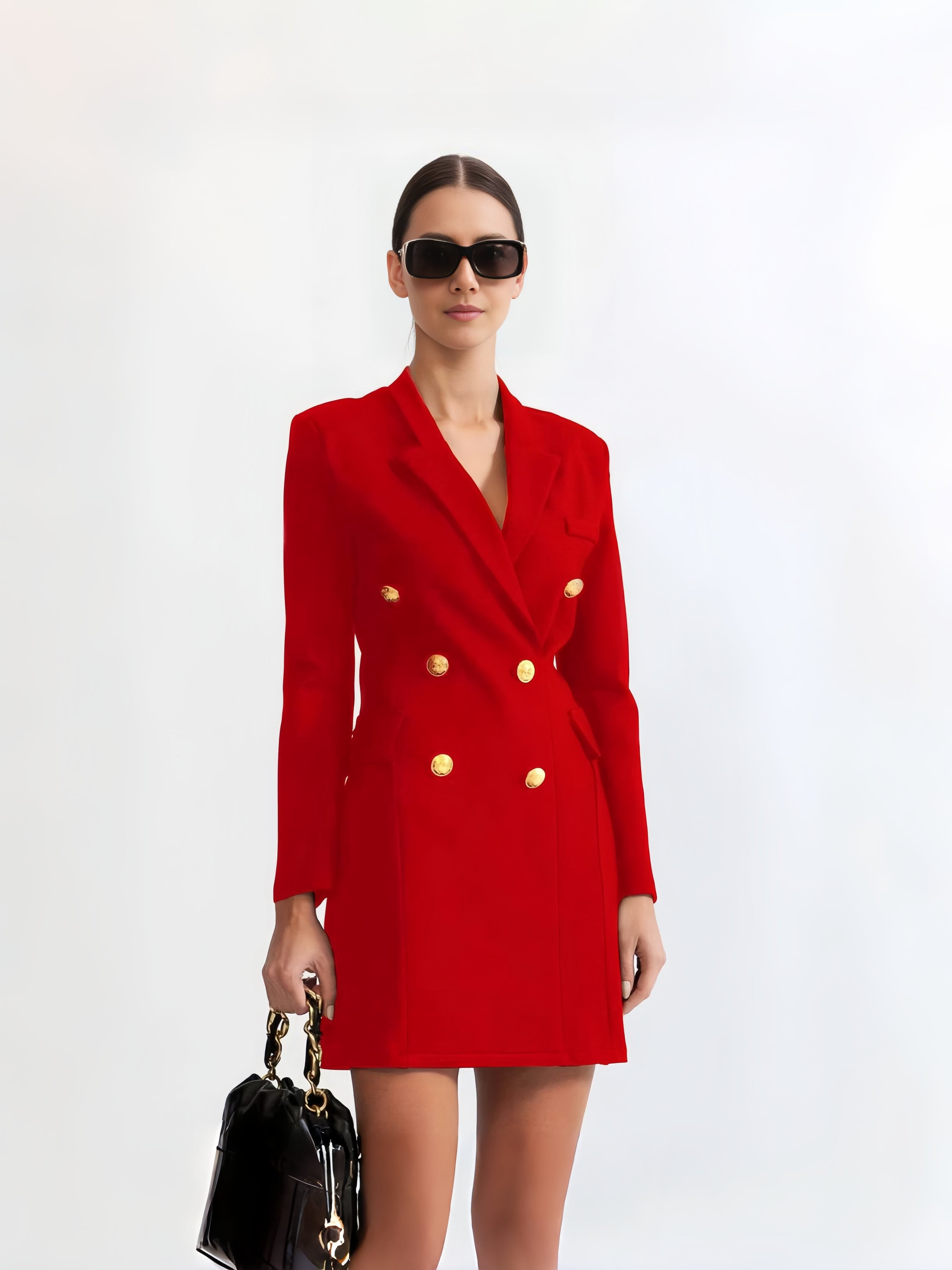 Red double-breasted blazer dress with gold-tone buttons, fitted waist, and long sleeves