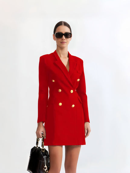 Red double-breasted blazer dress with gold-tone buttons, fitted waist, and long sleeves