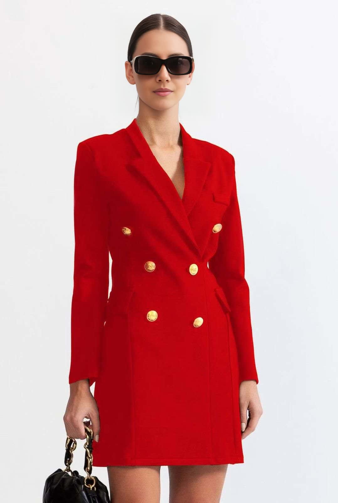 Red double-breasted blazer dress with gold-tone buttons and notched lapels
