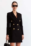 Black double-breasted blazer dress with gold-tone buttons and long sleeves