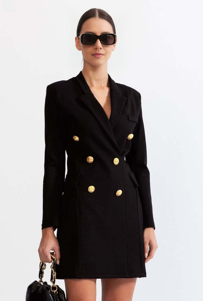Black double-breasted blazer dress with gold-tone buttons and long sleeves