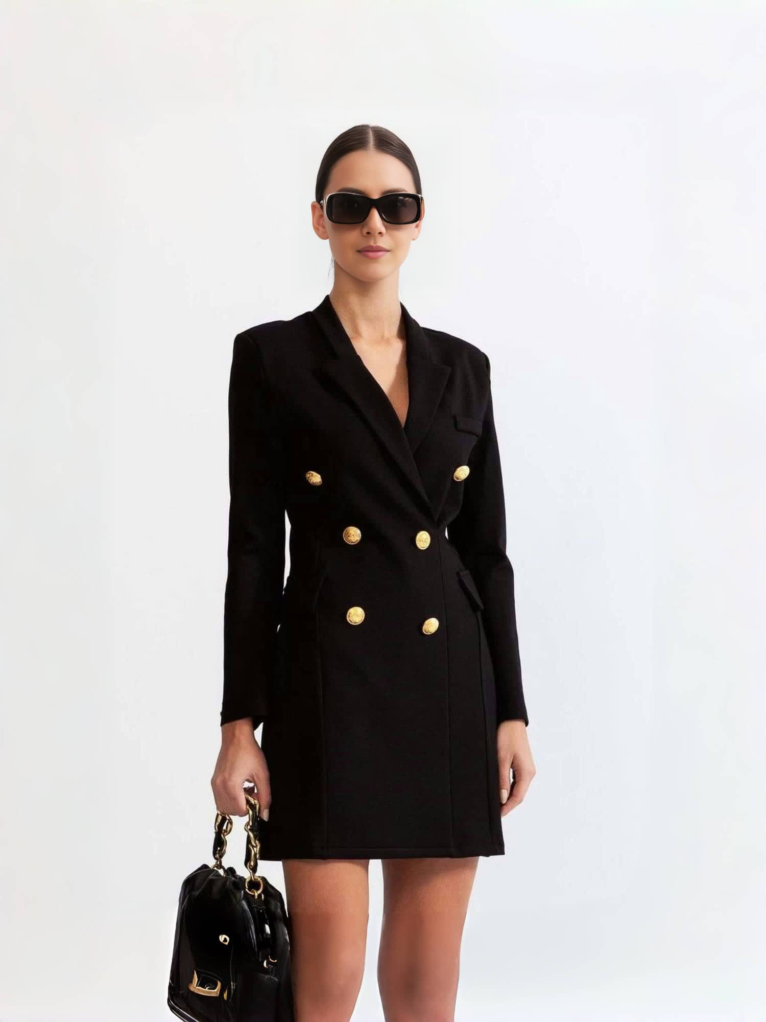Black double-breasted blazer dress with gold-tone buttons and tailored waist seams