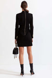 Black double-breasted blazer dress with gold-tone buttons and back zipper detail