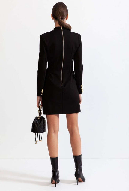 Black double-breasted blazer dress with gold-tone buttons and back zipper detail