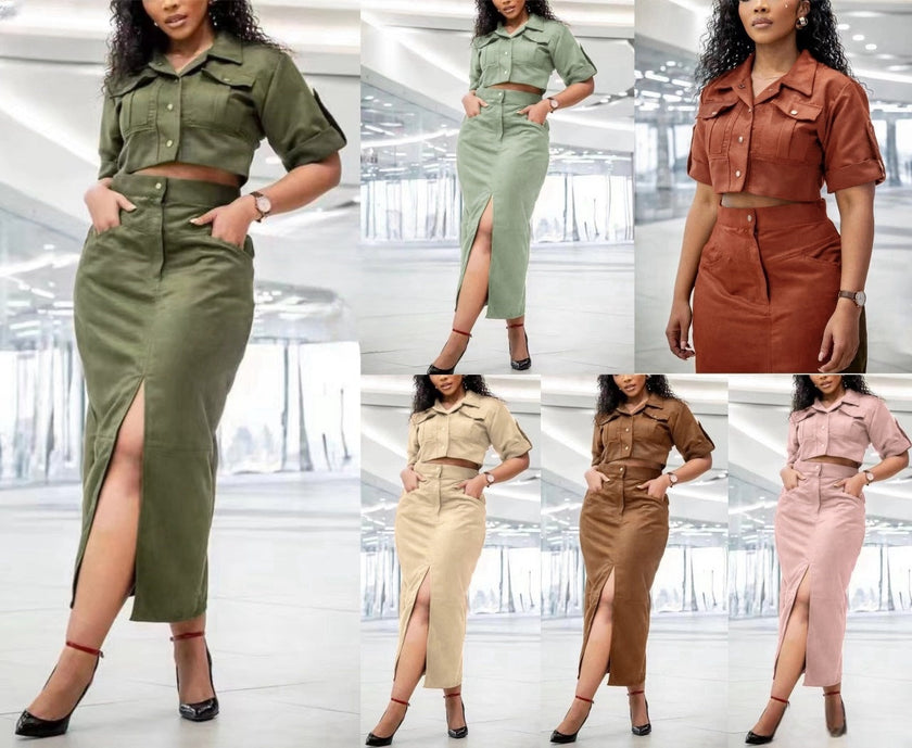 Short-Sleeve Button-Up Shirt & Slit Skirt Twin Set