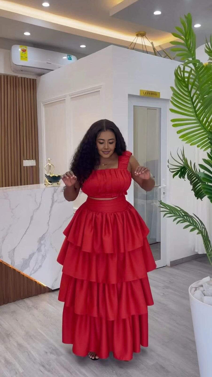 Layered ruffle maxi dress, red tiered skirt and square neckline