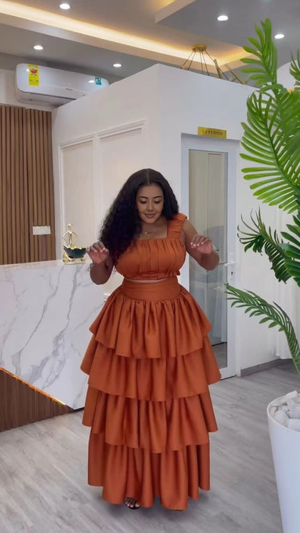 Layered ruffle maxi dress, orange-brown tiered skirt and square neckline