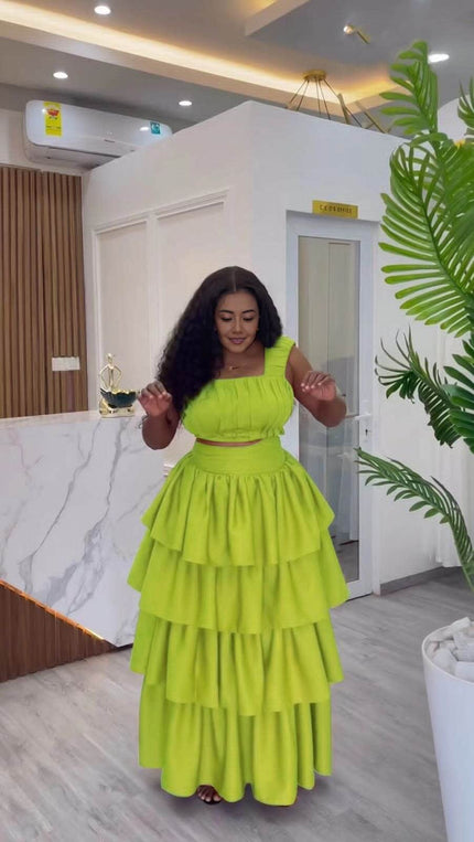 Layered ruffle maxi dress, bright lime tiered skirt and square neckline