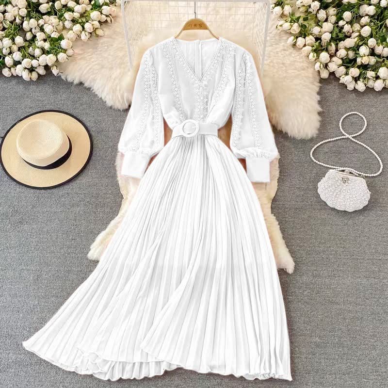 Long-Sleeve V-Neck Pleated Maxi Dress with Belt Detail