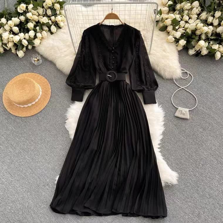 Long-Sleeve V-Neck Pleated Maxi Dress with Belt Detail