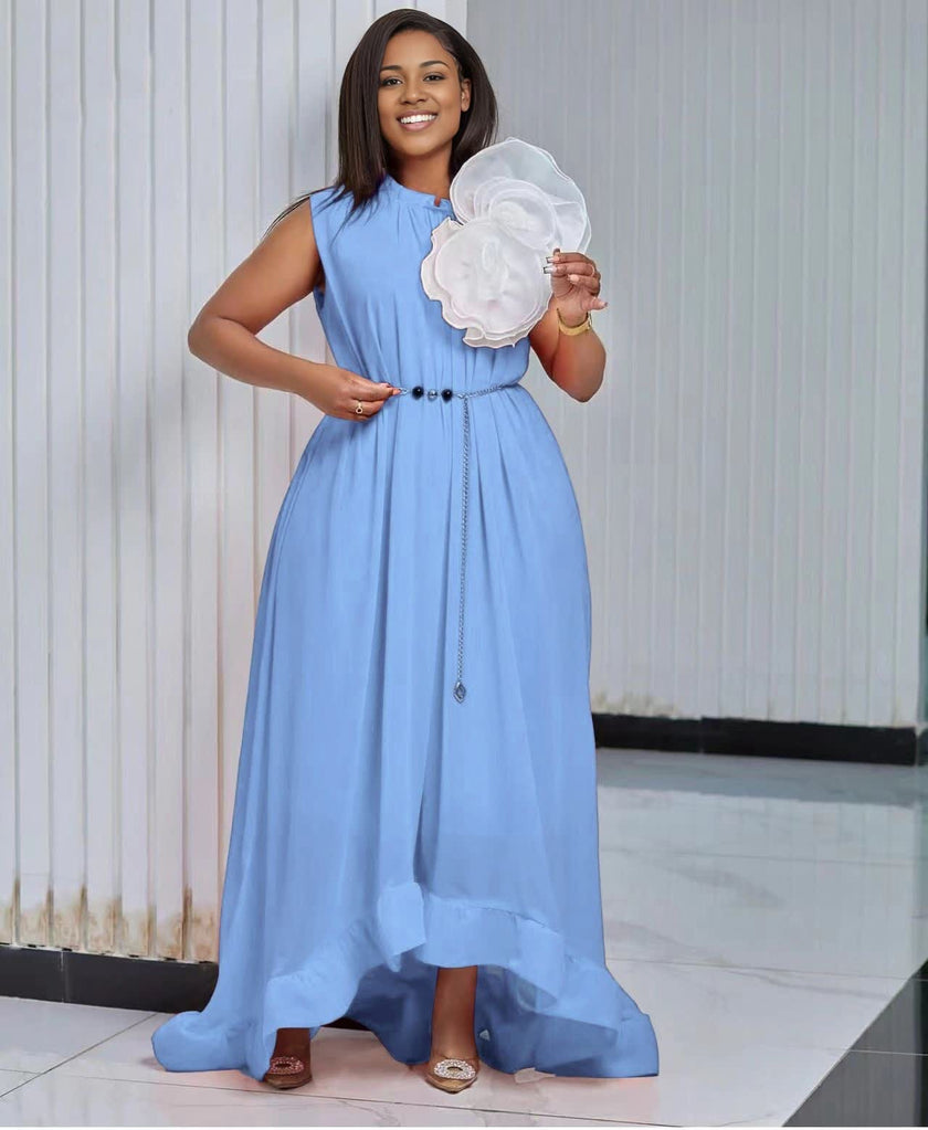 Elegant Sleeveless High-Low Hem Maxi Dress with Floral Applique