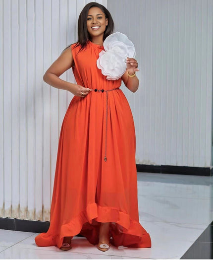 Elegant Sleeveless High-Low Hem Maxi Dress with Floral Applique