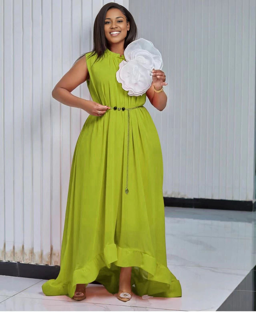 Elegant Sleeveless High-Low Hem Maxi Dress with Floral Applique