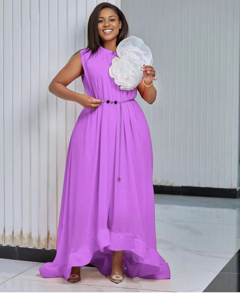 Elegant Sleeveless High-Low Hem Maxi Dress with Floral Applique