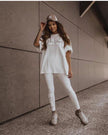 Printed short-sleeve top and leggings set, white with script logo on chest and legs