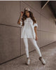 Printed short-sleeve top and leggings set, white with script logo on chest and legs