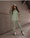 Printed short-sleeve top and leggings set, pale green with script logo on chest and legs