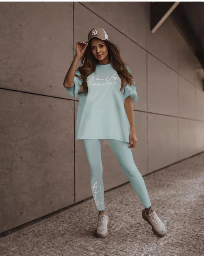 Printed short-sleeve top and leggings set, light-cyan with script logo on chest and legs