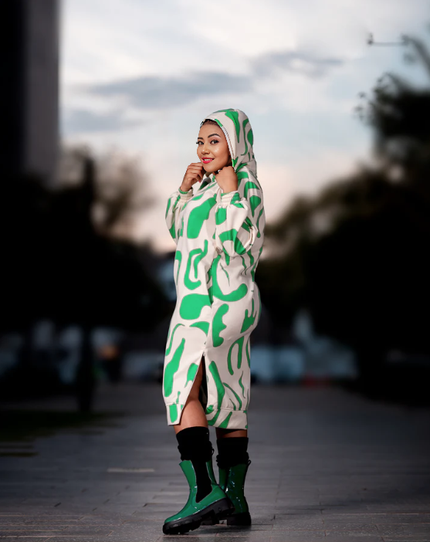 Dress Hooded Leaf Pattern Long Sleeve Slit Chic