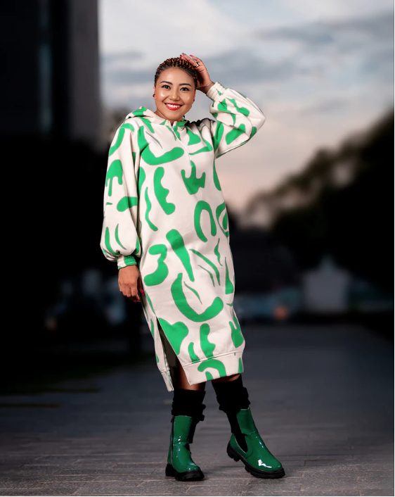 Hooded Leaf Pattern Long-Sleeve Dress with Side Slit