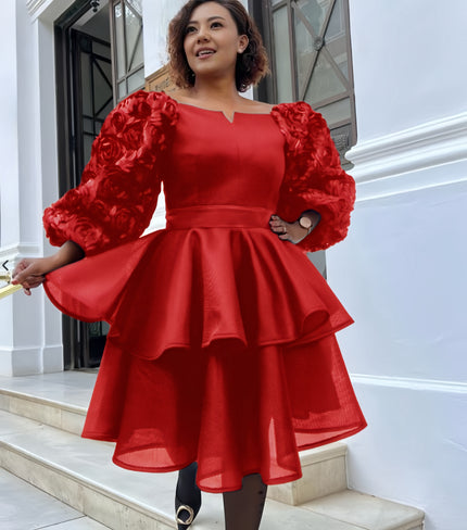Red puff-sleeve layered dress with ruched sleeves and tiered flared skirt