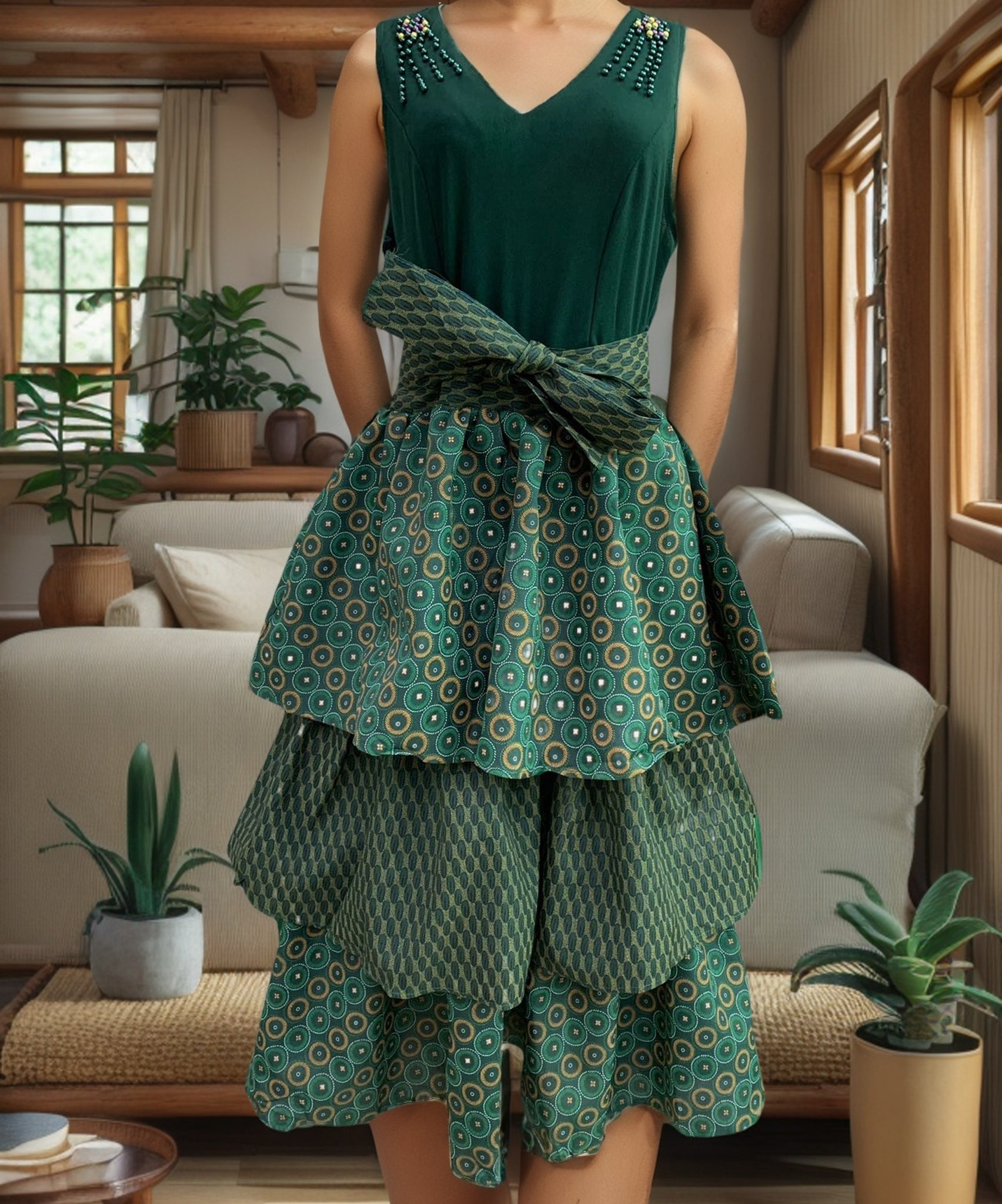 Green sleeveless V-neck layered midi dress with circular patterned tiered skirt